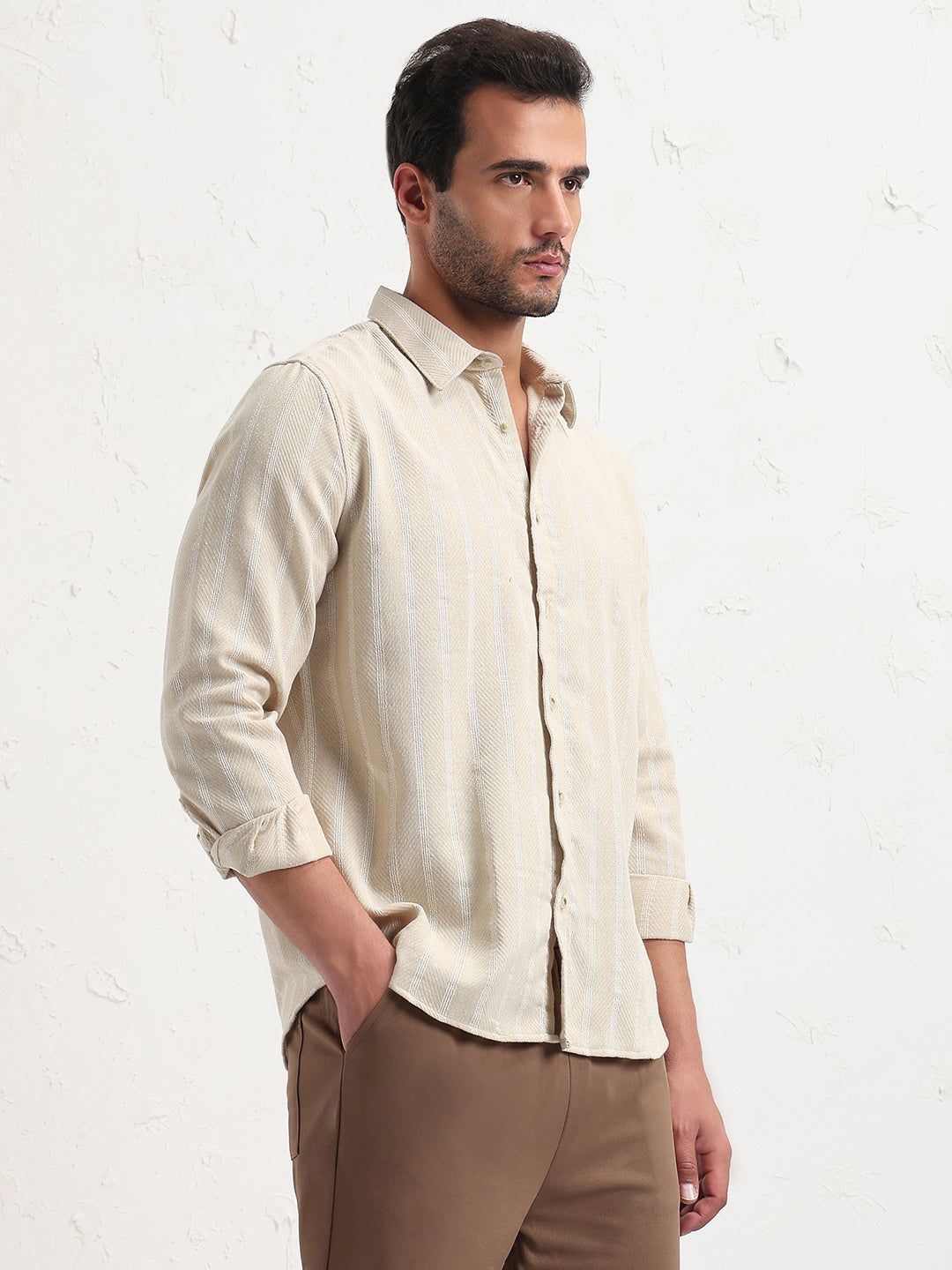 Men's Cream Striped Slim Fit Shirt