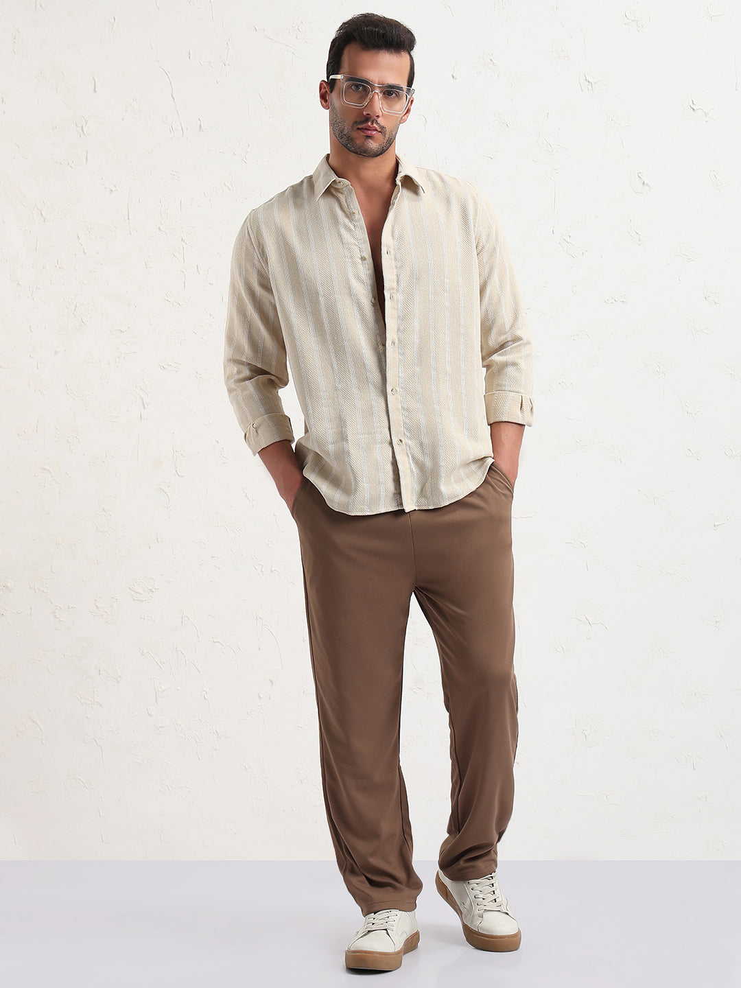 Men's Cream Striped Slim Fit Shirt