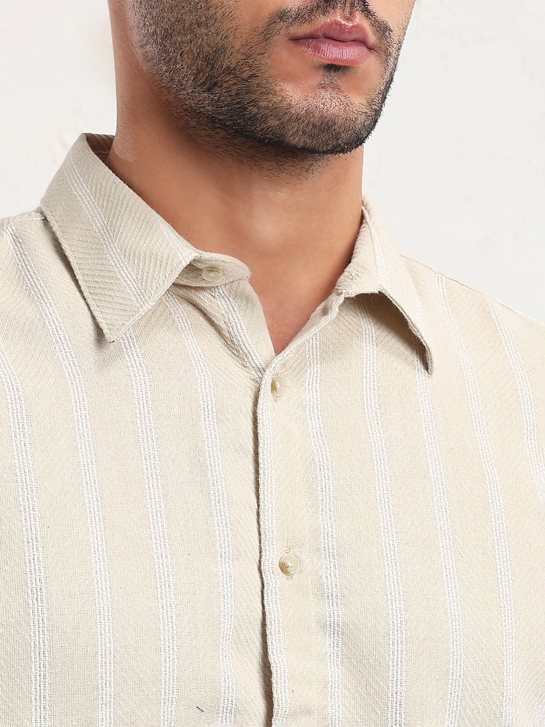 Men's Cream Striped Slim Fit Shirt