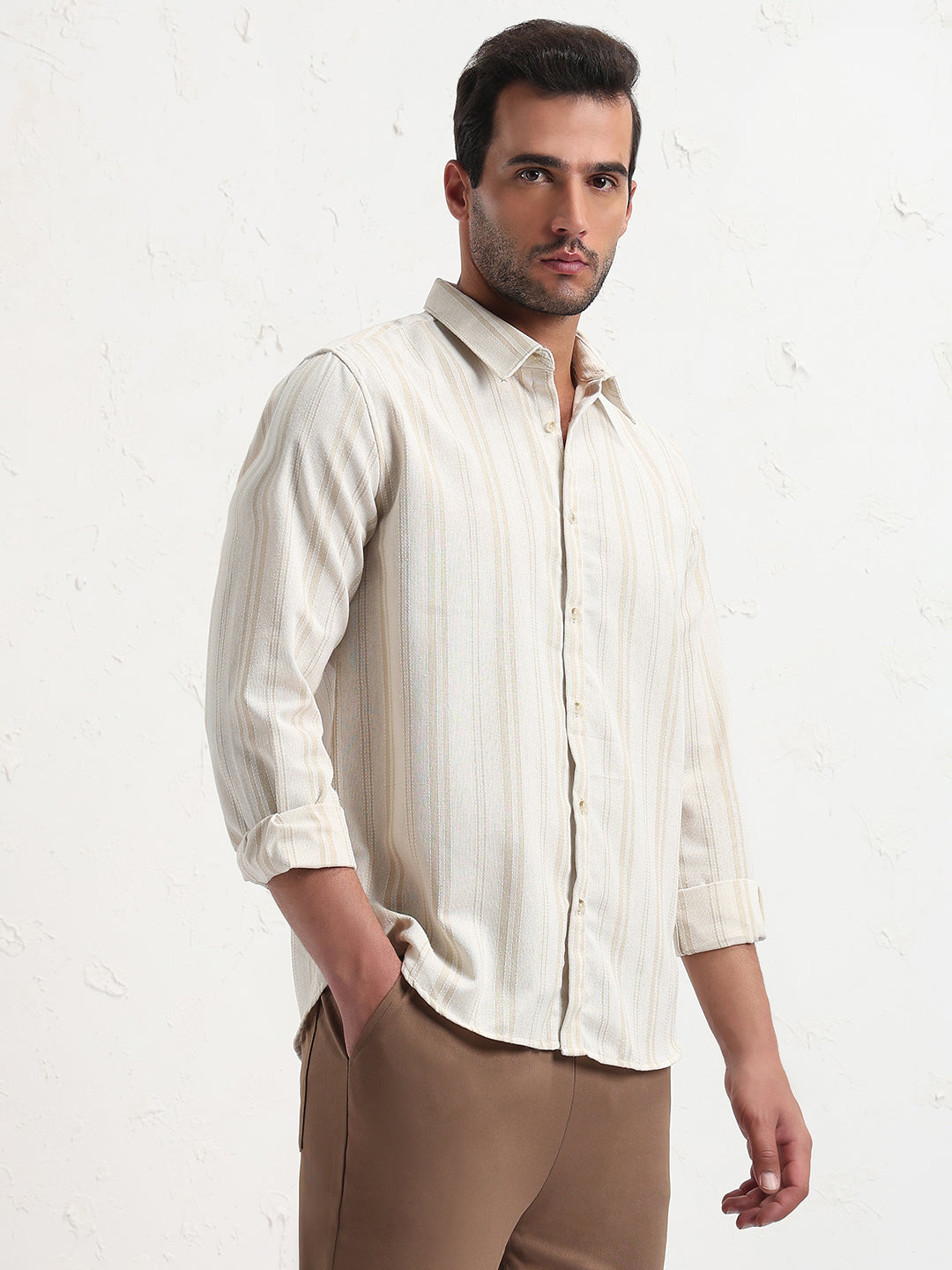 Men's Cream Striped Slim Fit Shirt