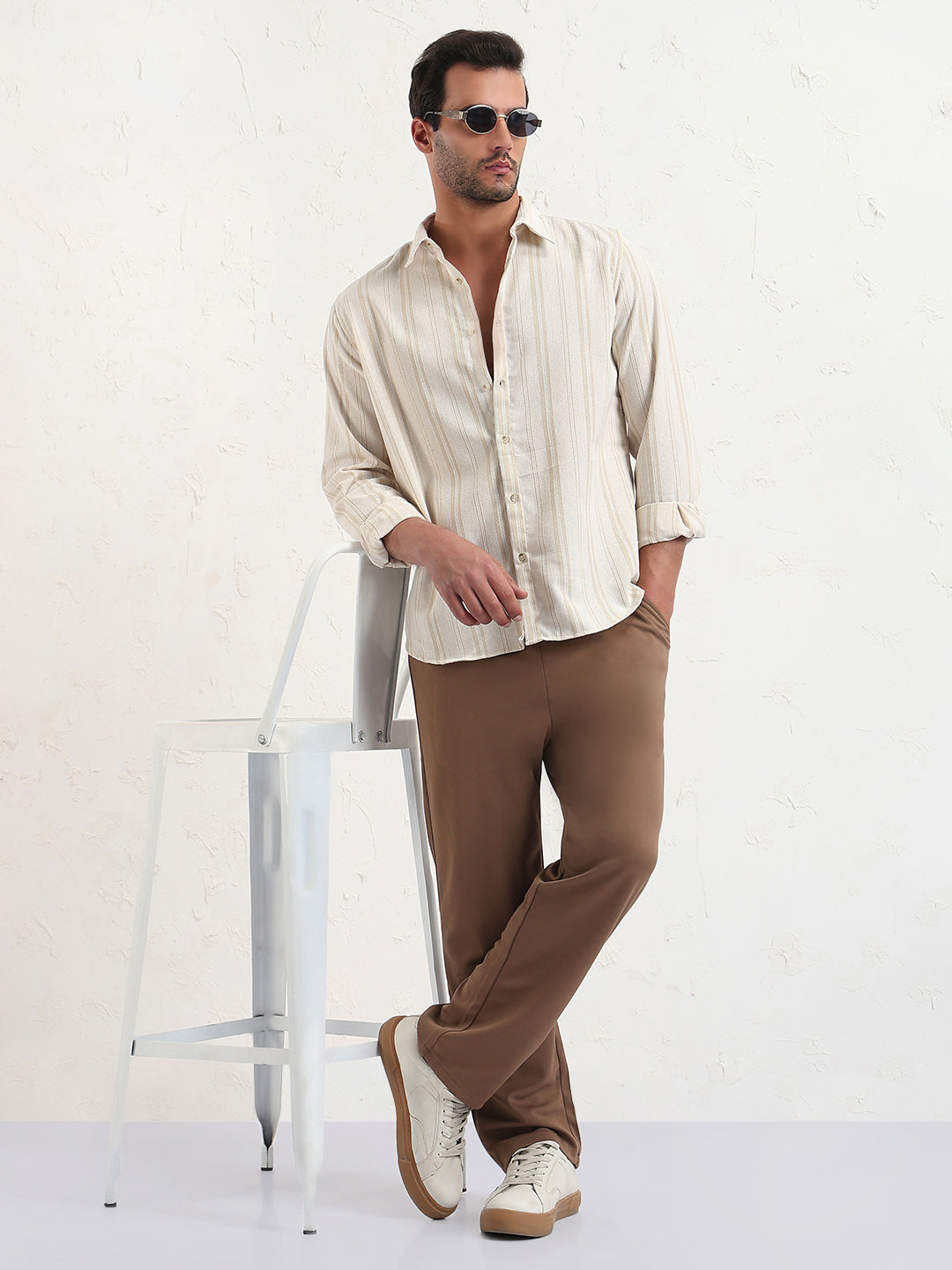 Men's Cream Striped Slim Fit Shirt