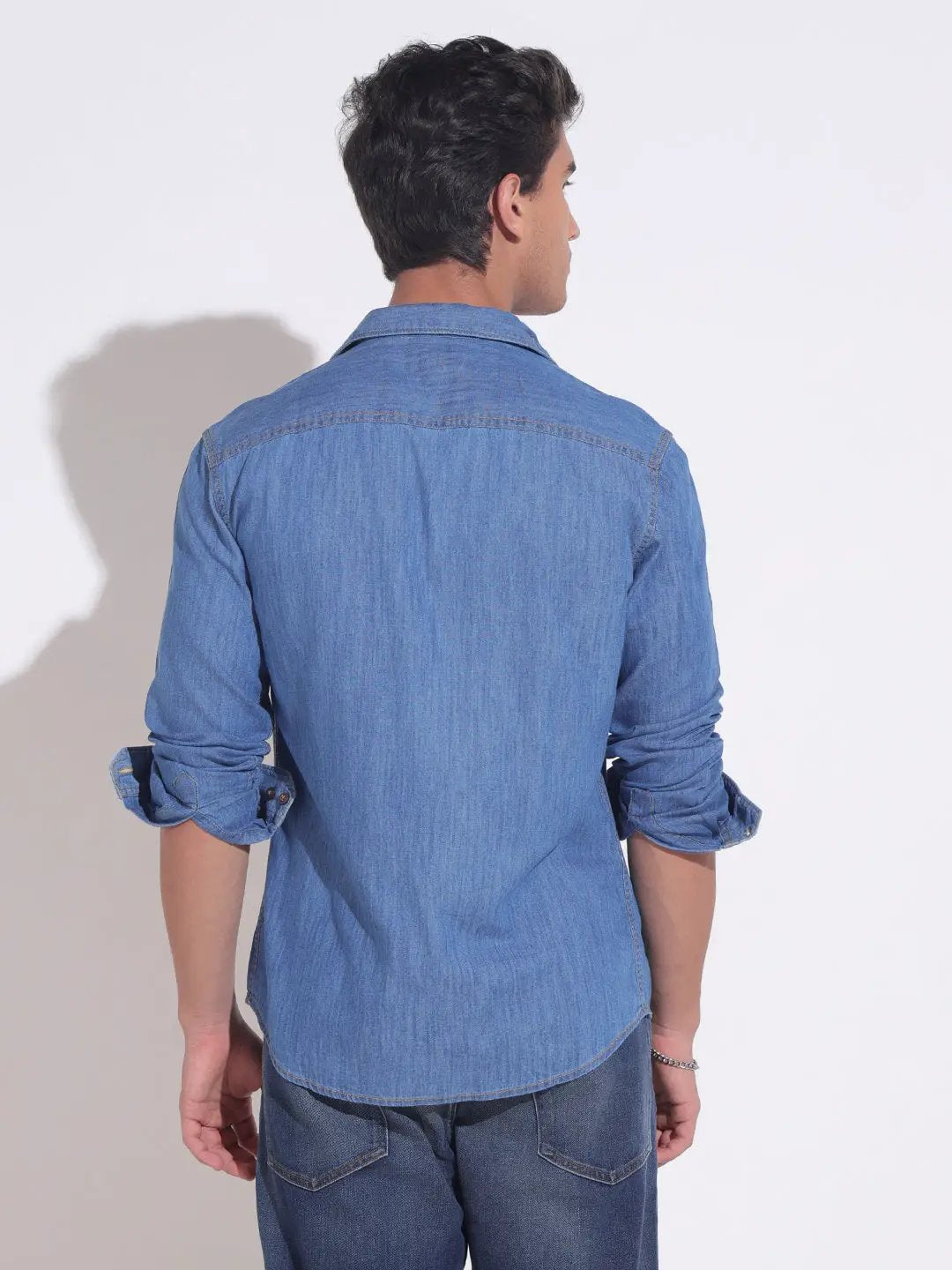 Men's Embroidered Blue Denim Shirt with Chest Pocket Detail - from SHOWOFFFF