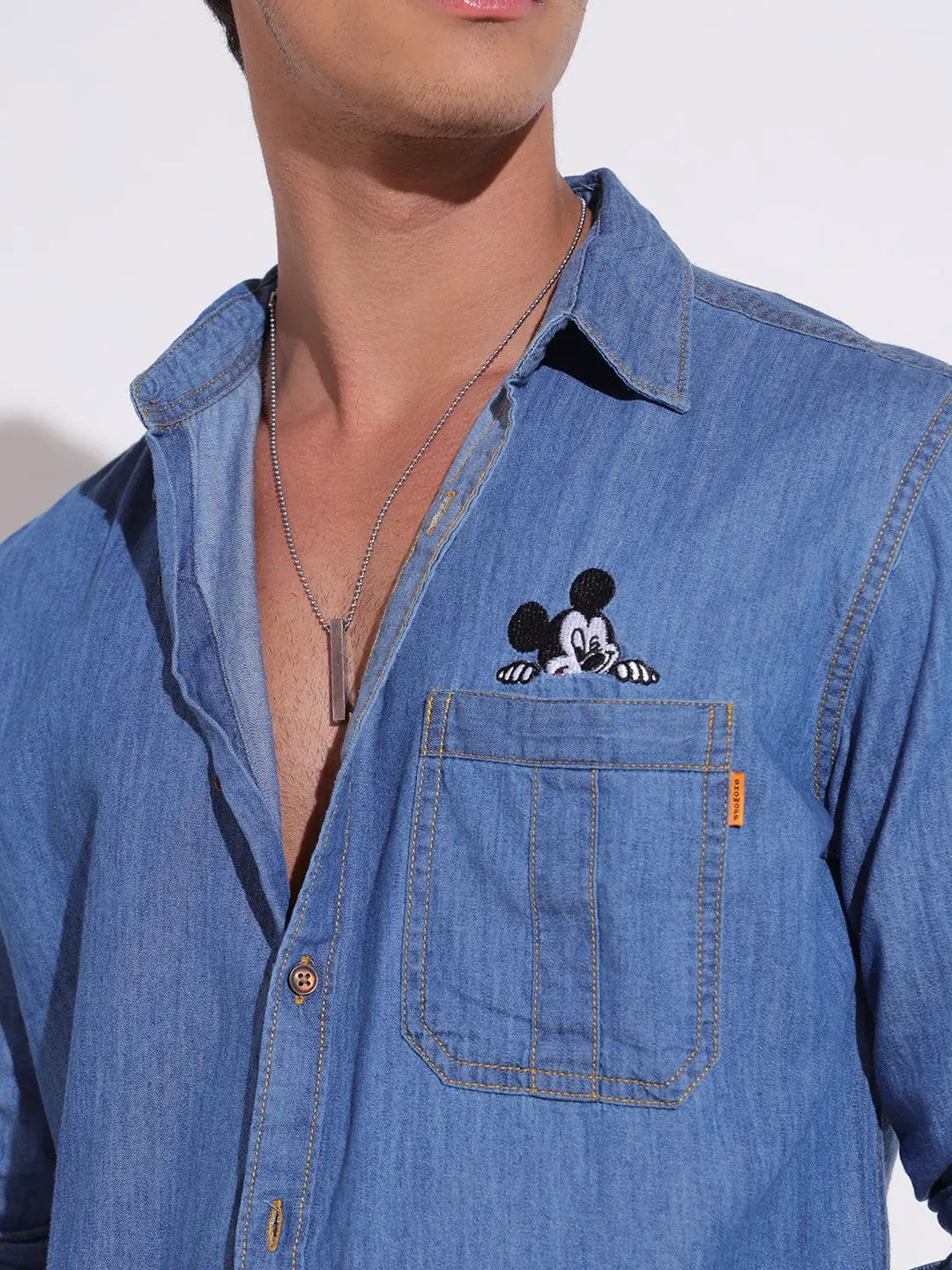 Men's Embroidered Blue Denim Shirt with Chest Pocket Detail - from SHOWOFFFF