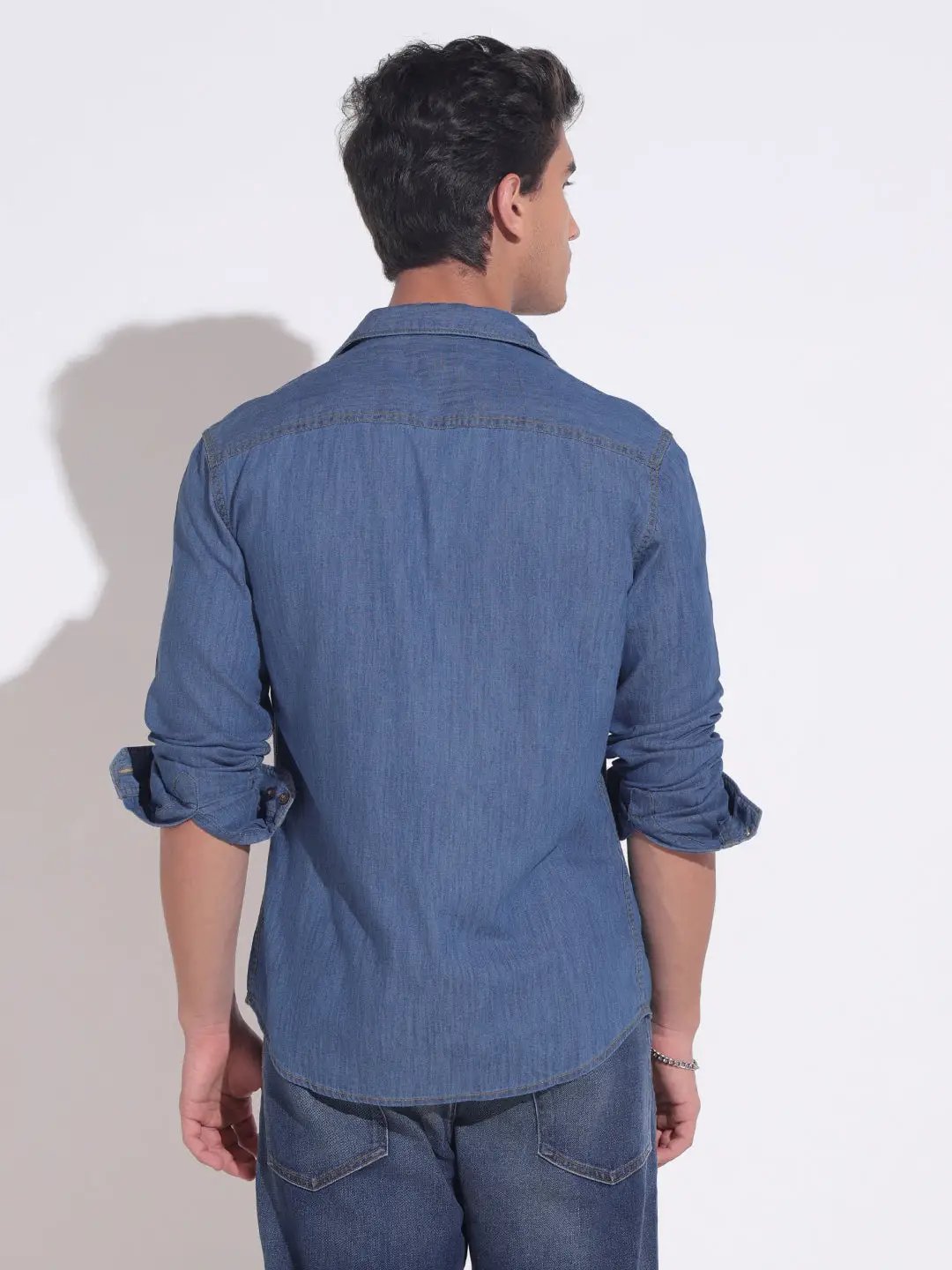 Men's Embroidered Indigo Denim Shirt with Chest Pocket Detail - Uncategorized from SHOWOFFFF