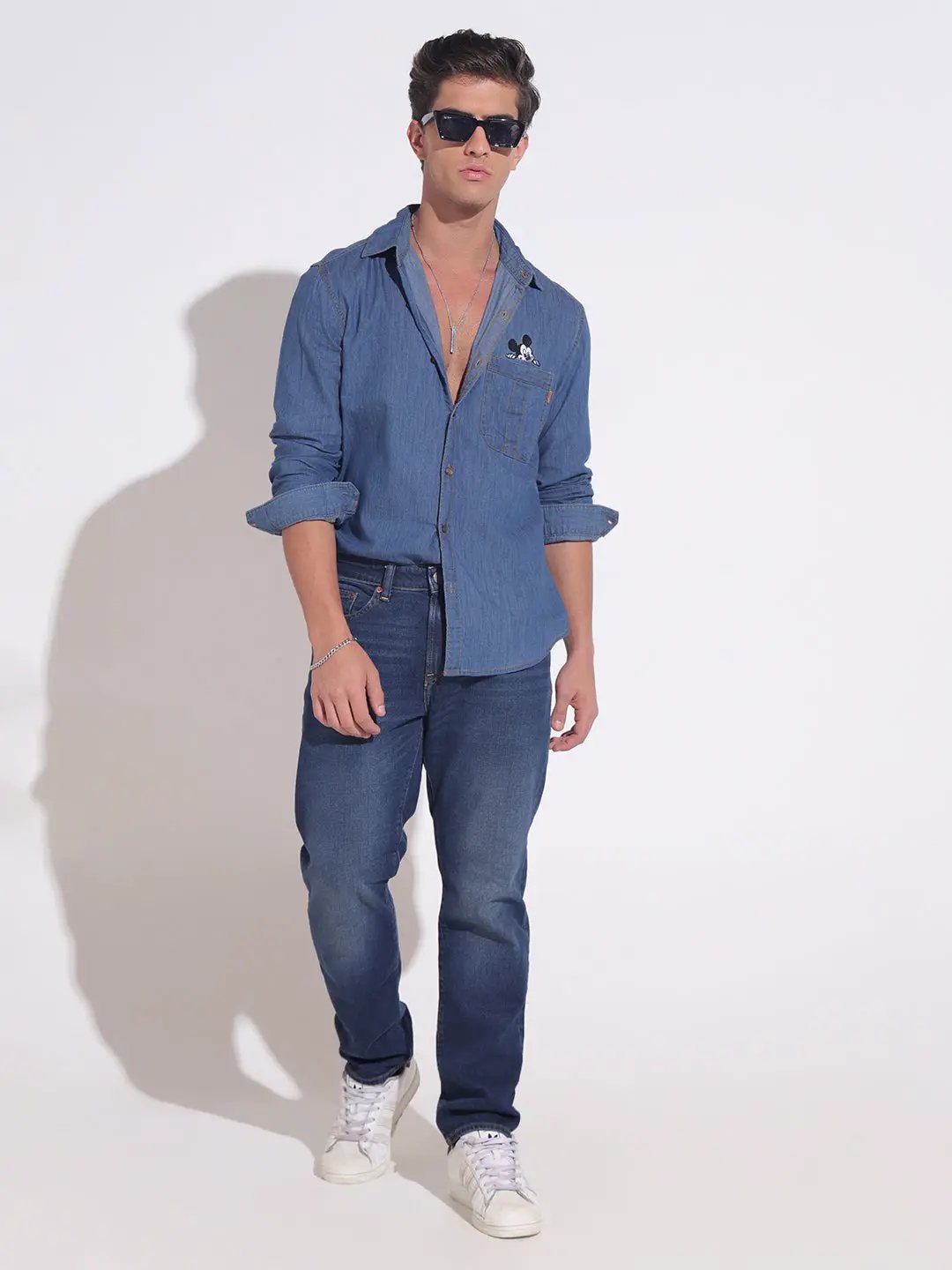 Men's Embroidered Indigo Denim Shirt with Chest Pocket Detail - Uncategorized from SHOWOFFFF