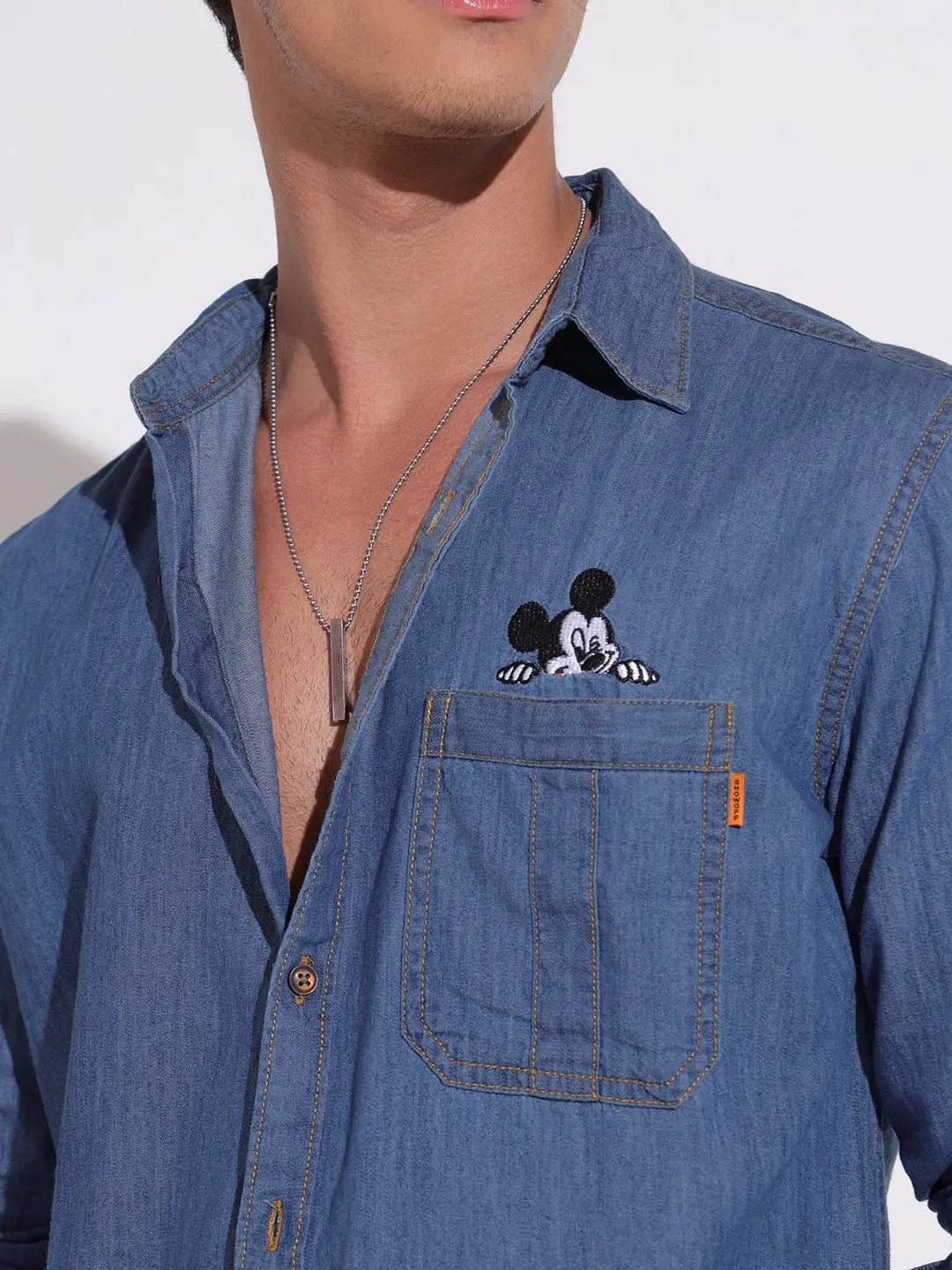 Men's Embroidered Indigo Denim Shirt with Chest Pocket Detail - Uncategorized from SHOWOFFFF