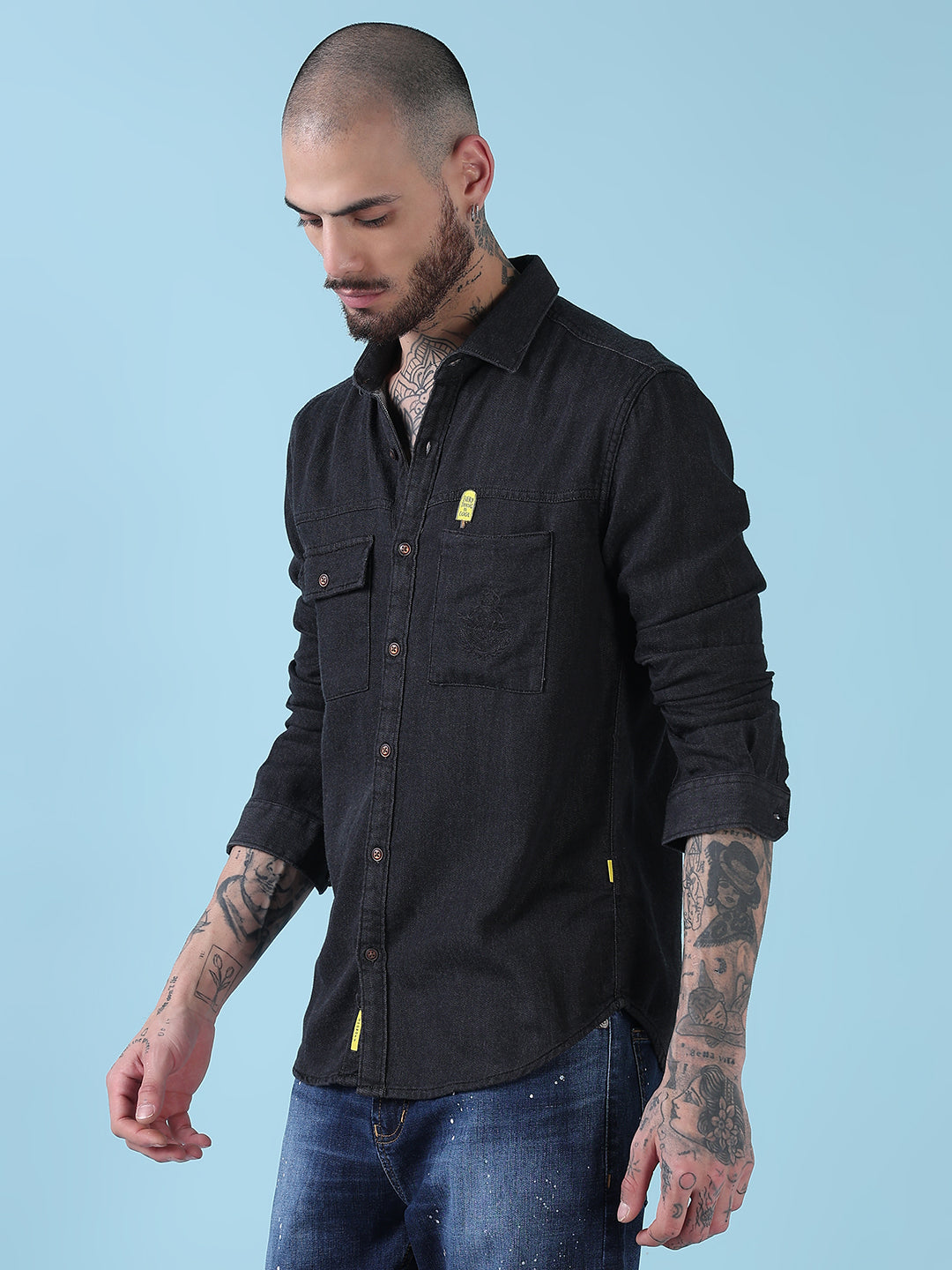 Men's Charcoal Solid Slim Fit Denim Casual Shirt with Chest Pocket