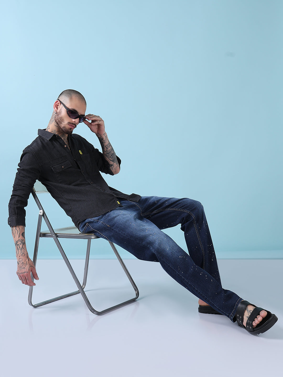 Men's Charcoal Solid Slim Fit Denim Casual Shirt with Chest Pocket