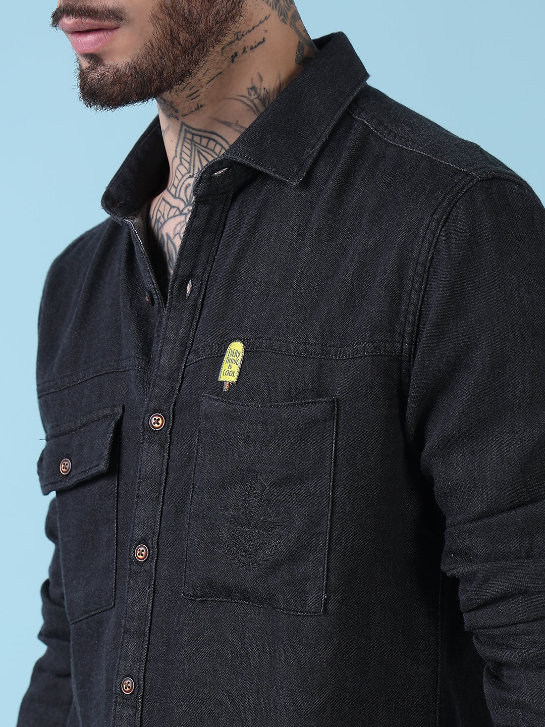 Men's Charcoal Solid Slim Fit Denim Casual Shirt with Chest Pocket