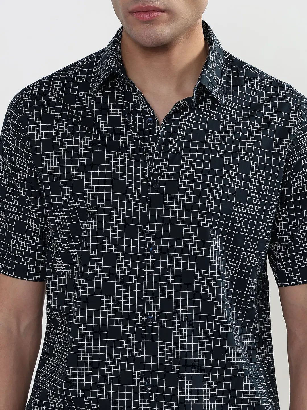 Men's Geometric Navy Blue Slim Fit Shirt - from SHOWOFFFF