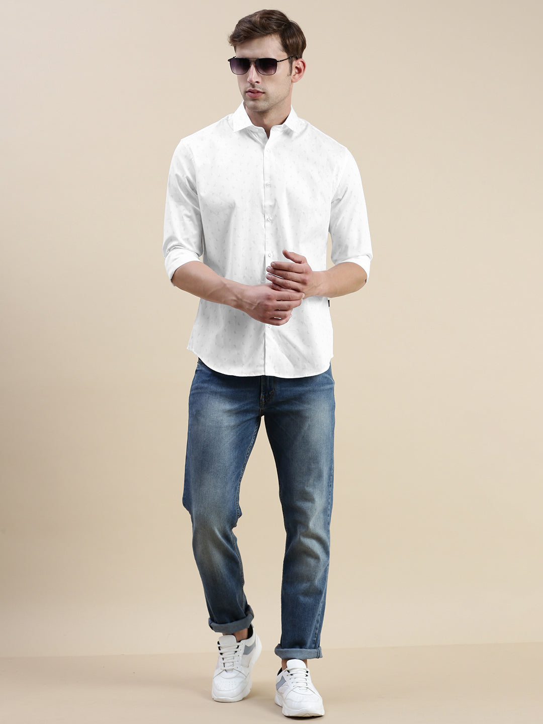 Men's Geometric White Slim Fit Shirt