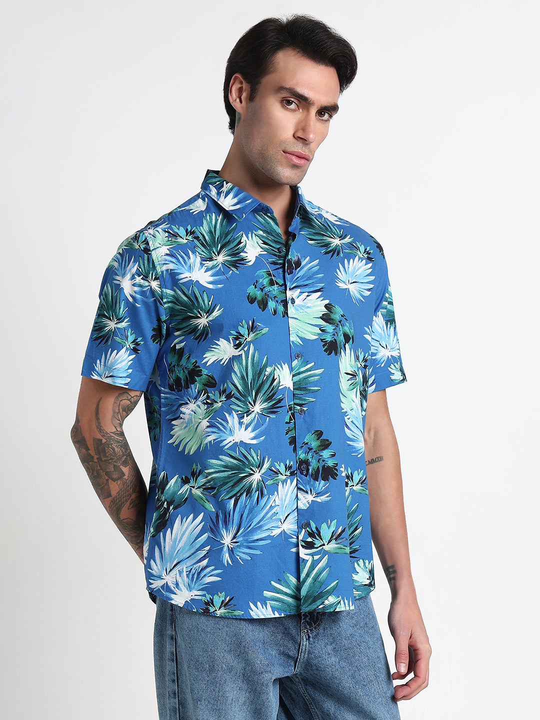 Men's Blue Floral Slim Fit Short Sleeves Shirt