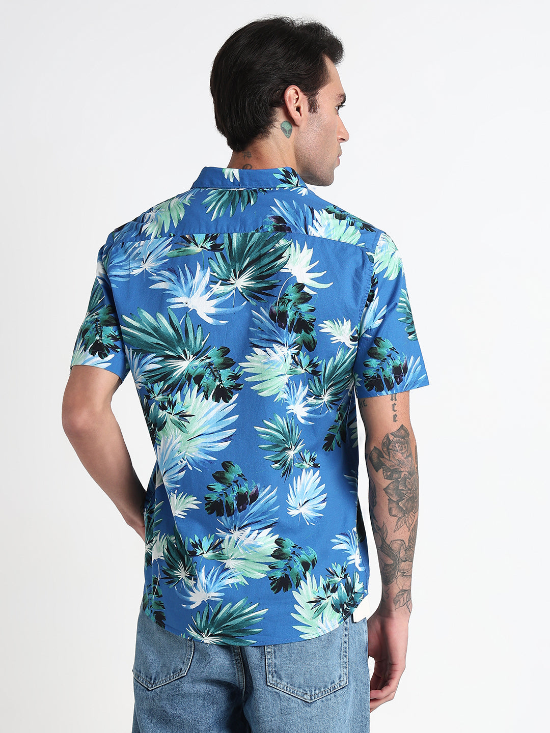 Men's Blue Floral Slim Fit Short Sleeves Shirt