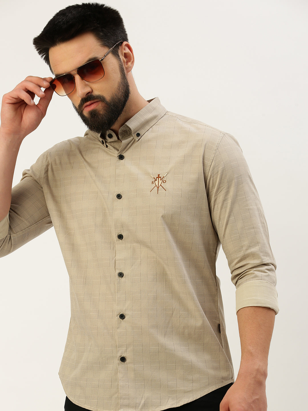 Men Spread Collar Checked Cream Shirt