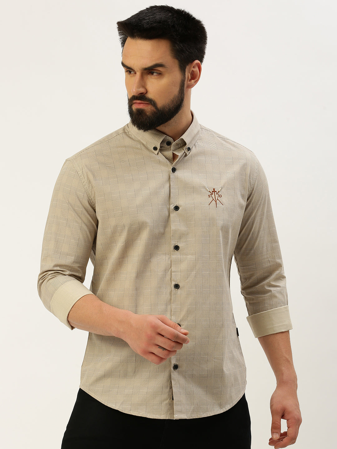 Men Spread Collar Checked Cream Shirt