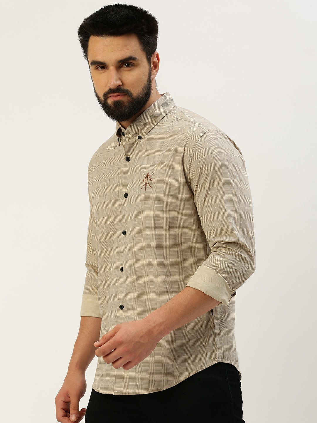 Men Spread Collar Checked Cream Shirt