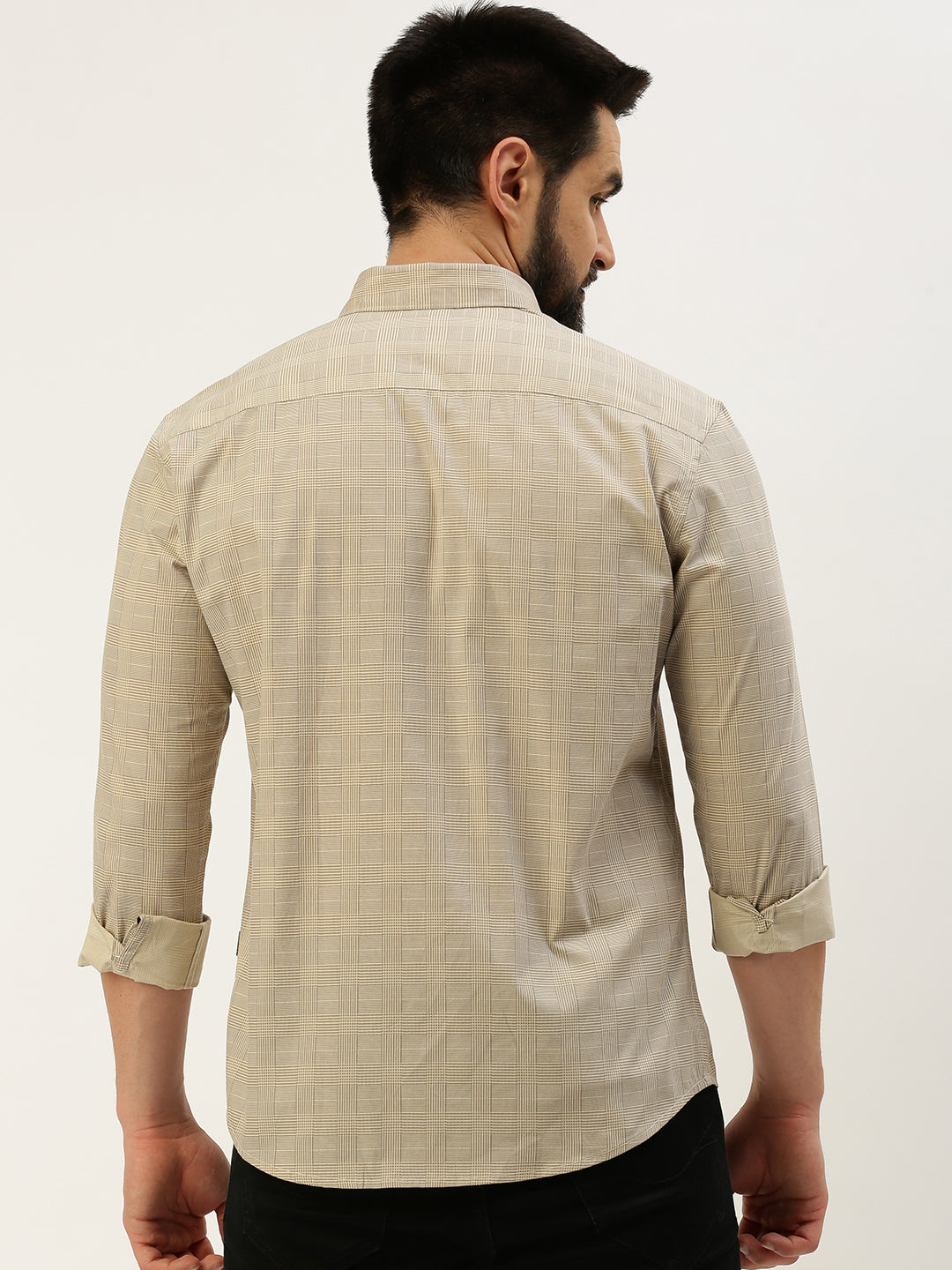 Men Spread Collar Checked Cream Shirt