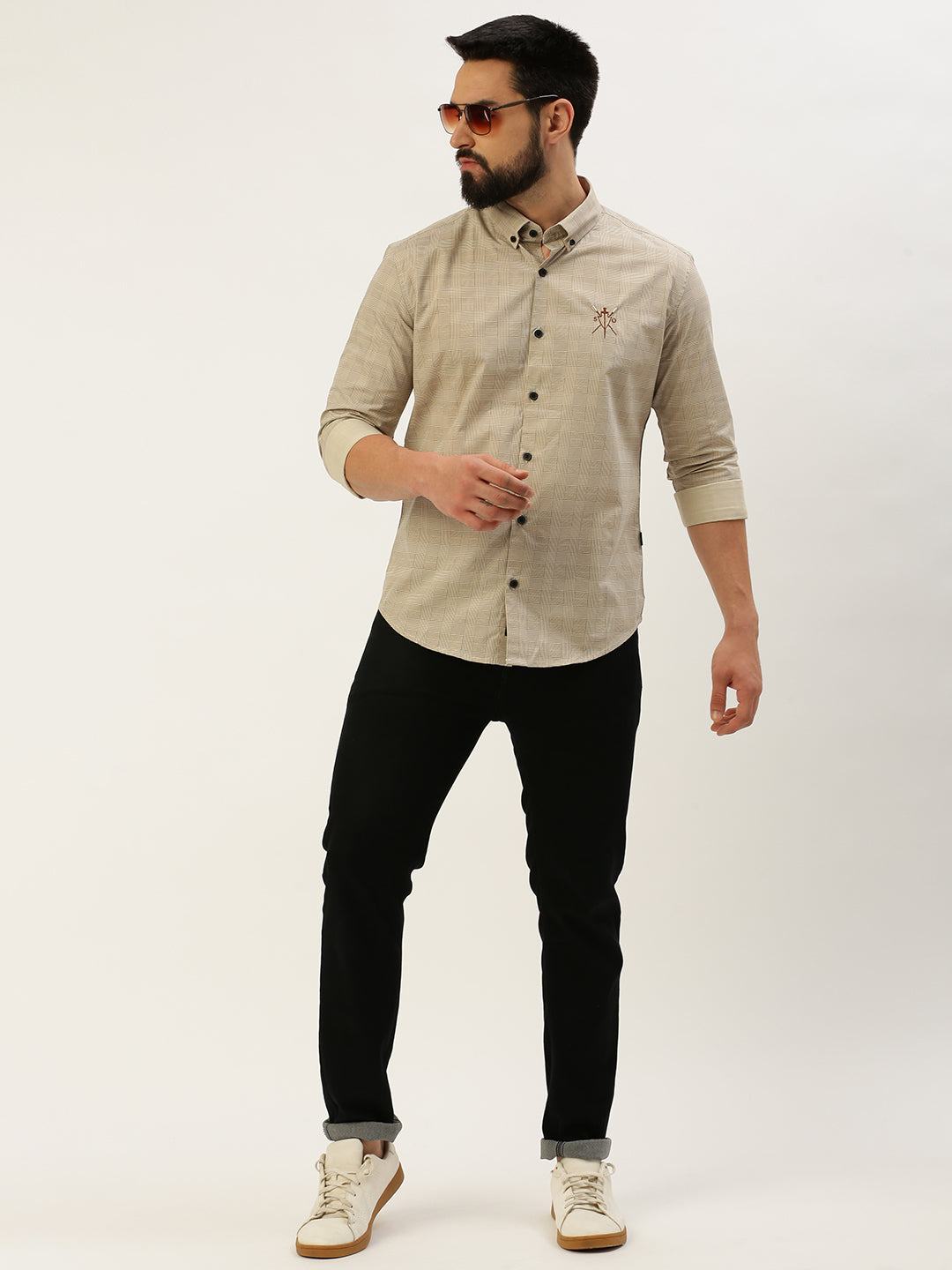 Men Spread Collar Checked Cream Shirt