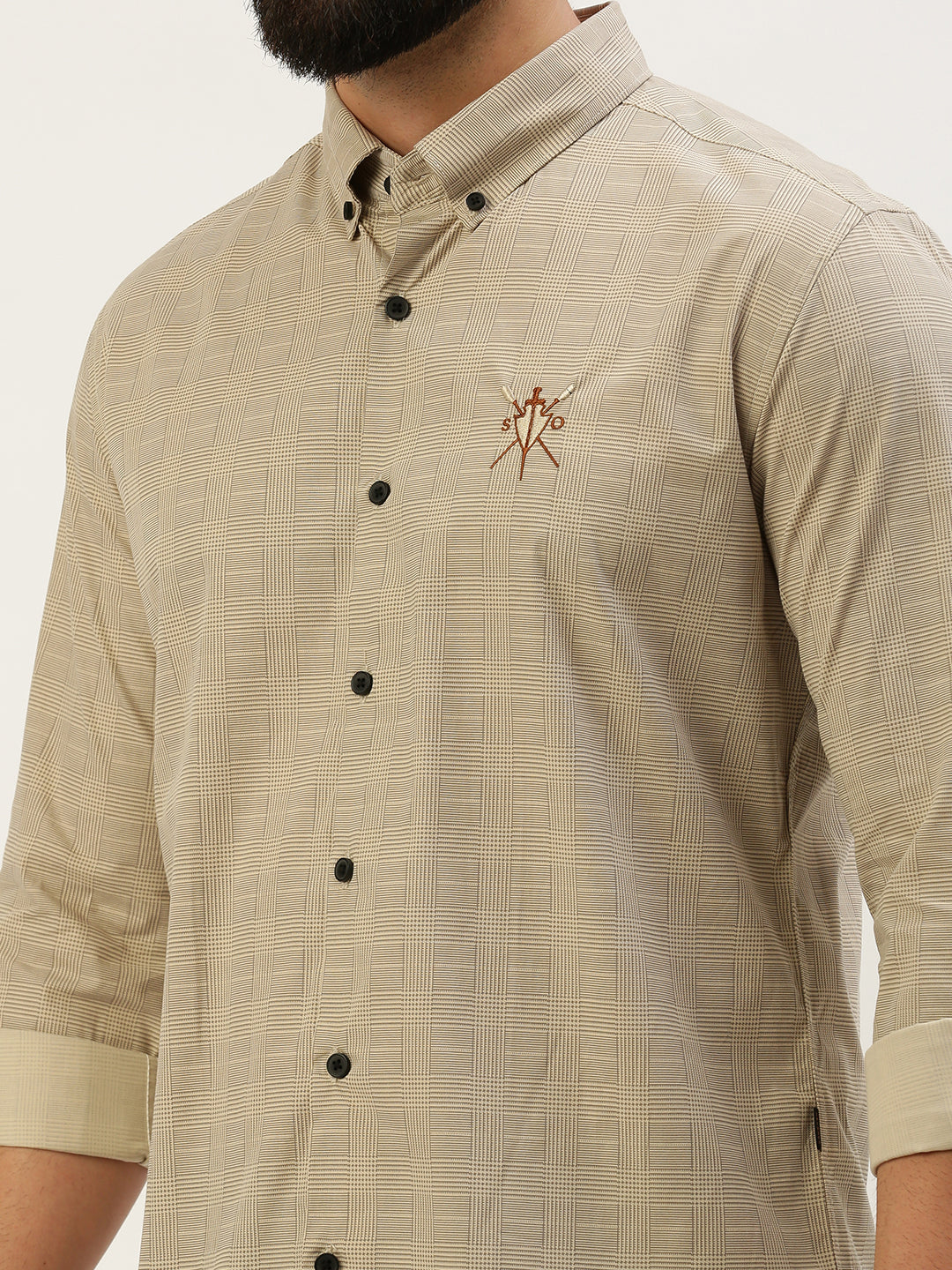 Men Spread Collar Checked Cream Shirt