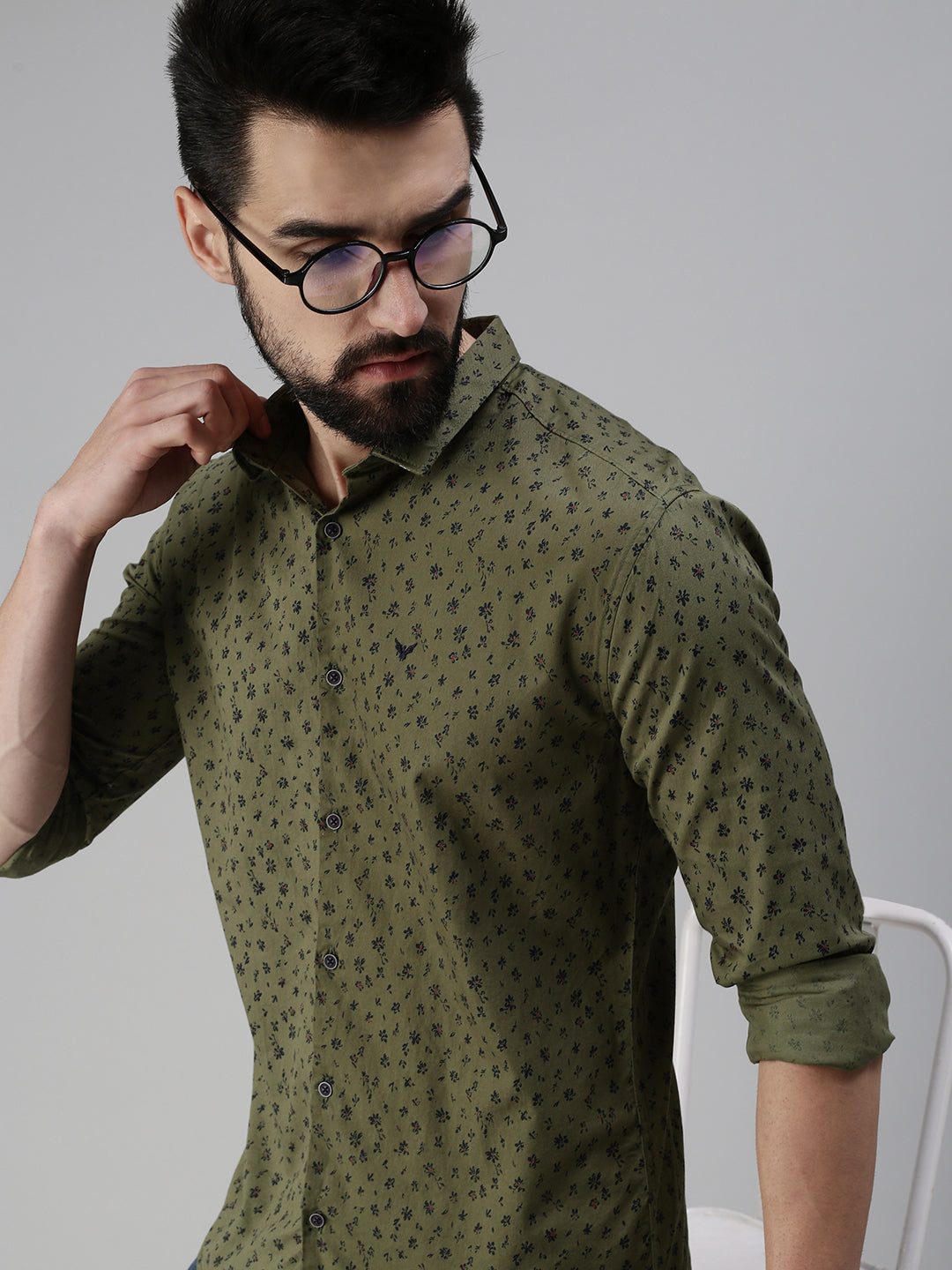 Men Spread Collar Printed Olive Shirt