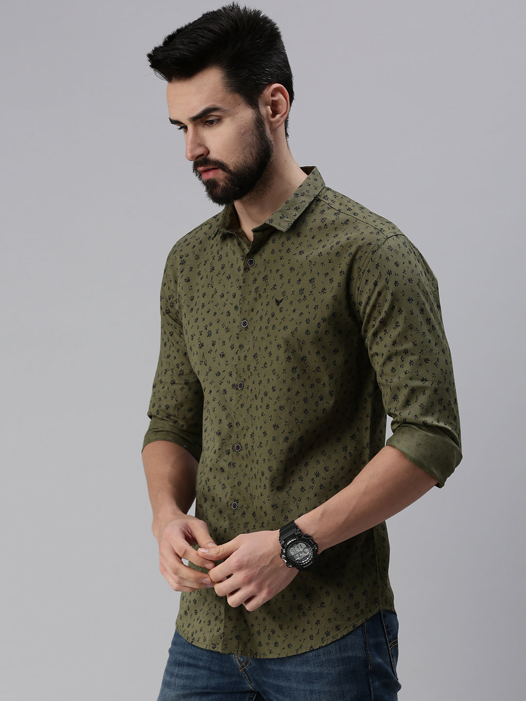 Men Spread Collar Printed Olive Shirt