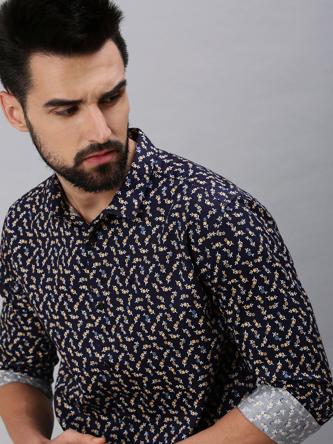 Men Spread Collar Printed Navy Blue Shirt