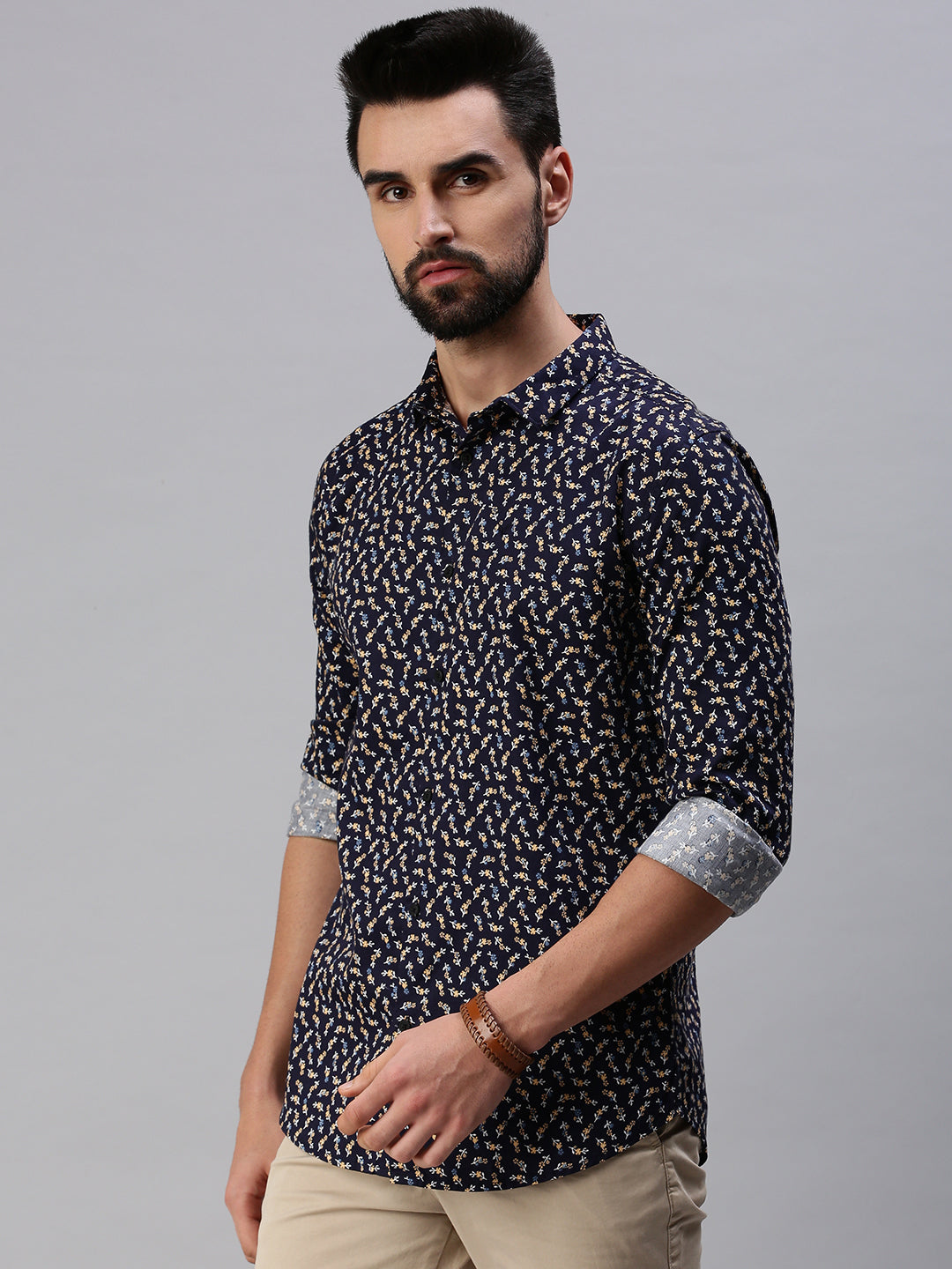 Men Spread Collar Printed Navy Blue Shirt