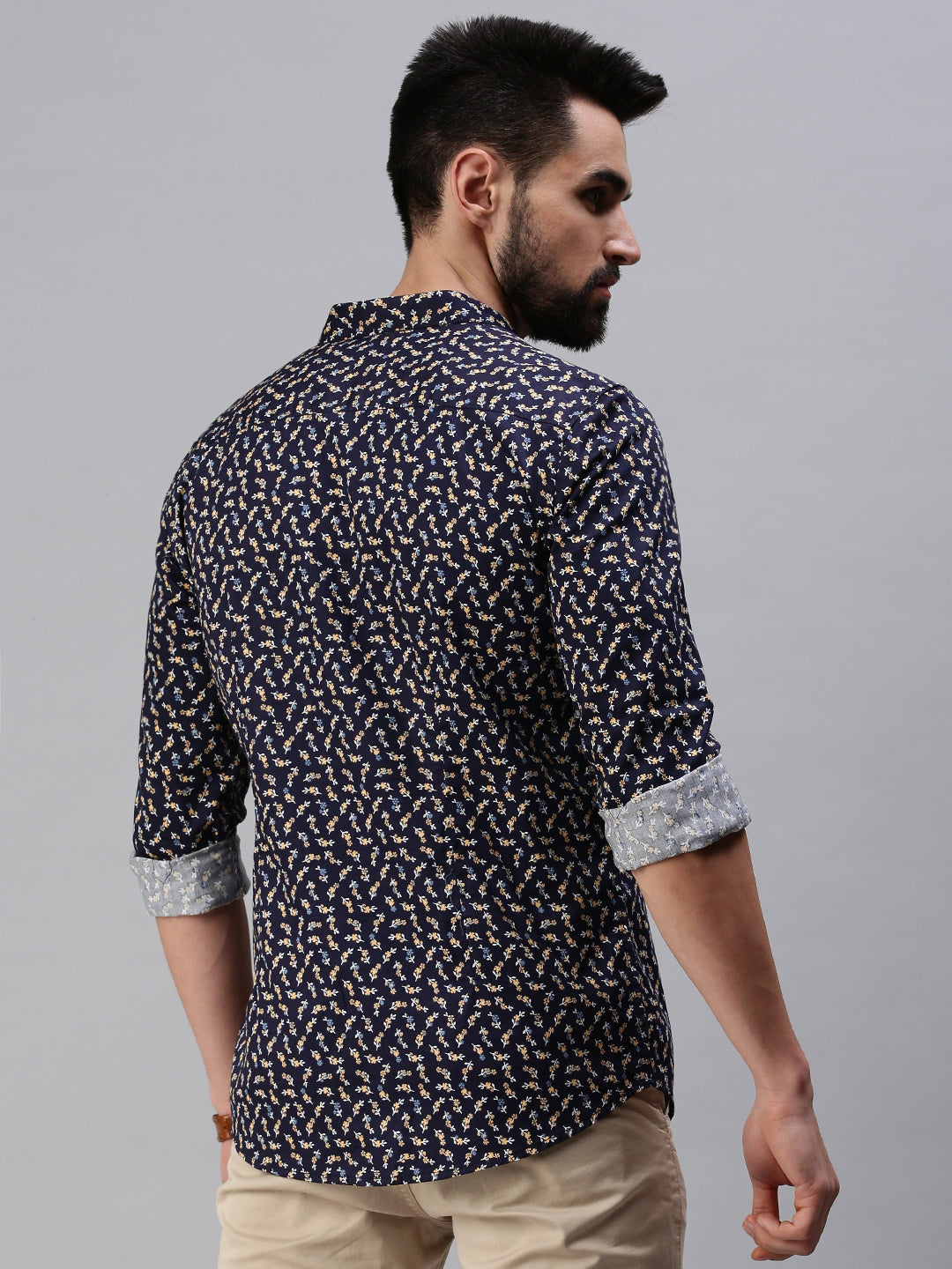 Men Spread Collar Printed Navy Blue Shirt