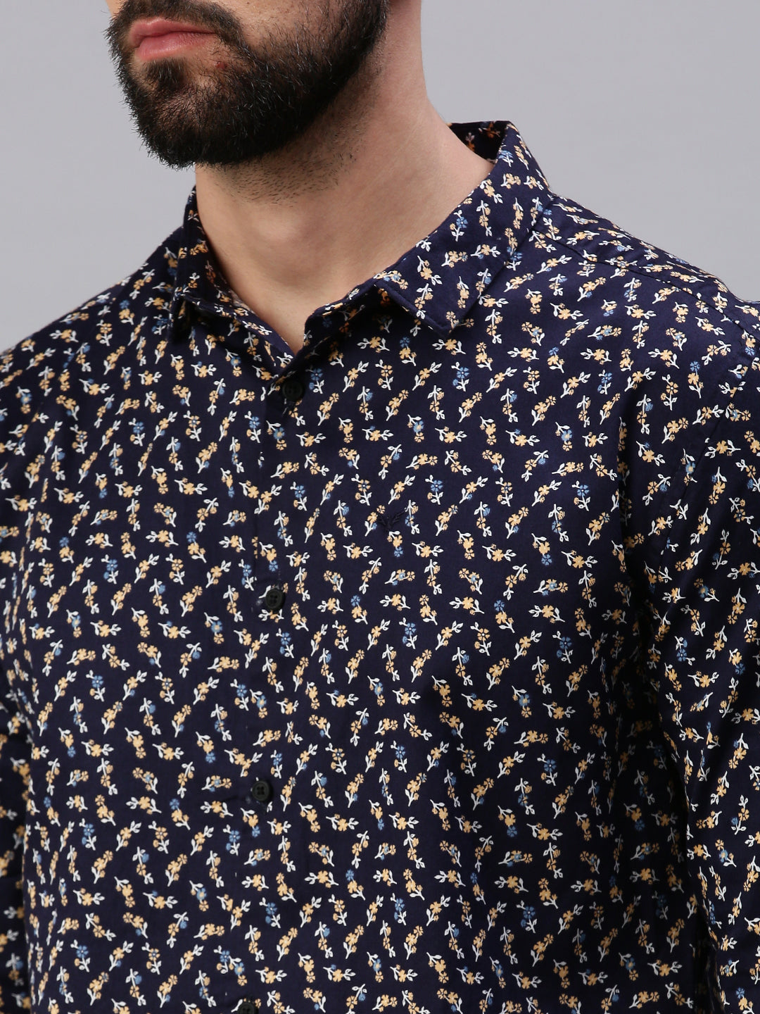 Men Spread Collar Printed Navy Blue Shirt