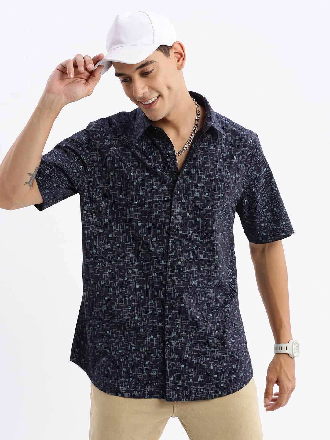 Men Spread Collar Abstract Slim Fit Navy Blue Shirt