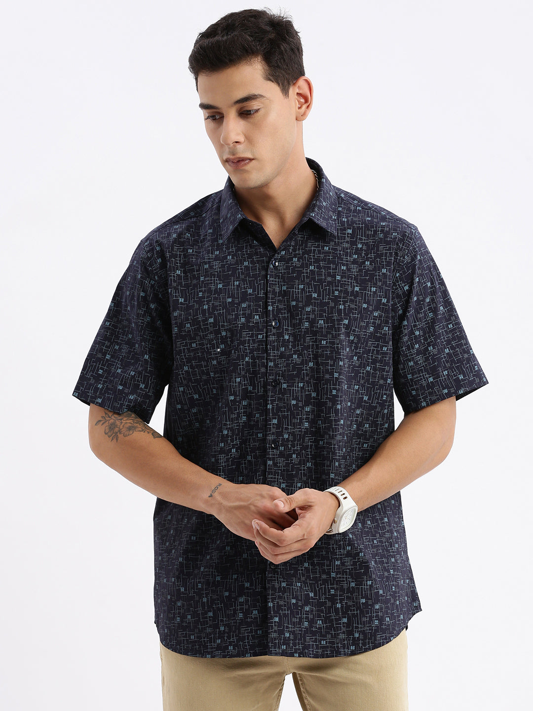 Men Spread Collar Abstract Slim Fit Navy Blue Shirt