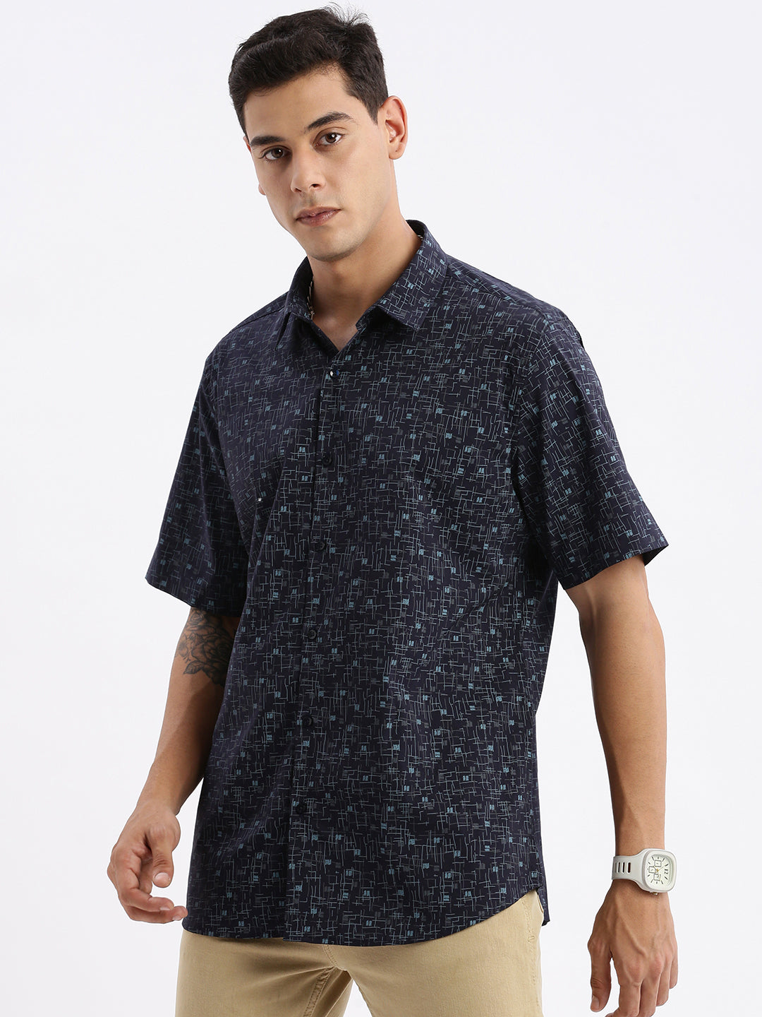 Men Spread Collar Abstract Slim Fit Navy Blue Shirt