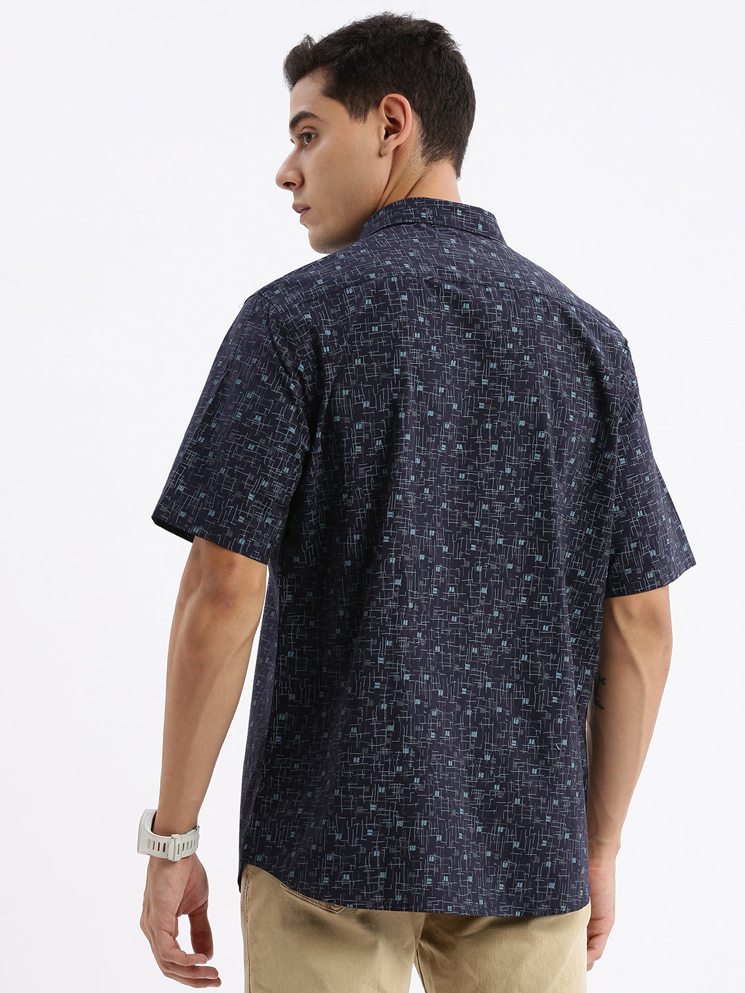 Men Spread Collar Abstract Slim Fit Navy Blue Shirt