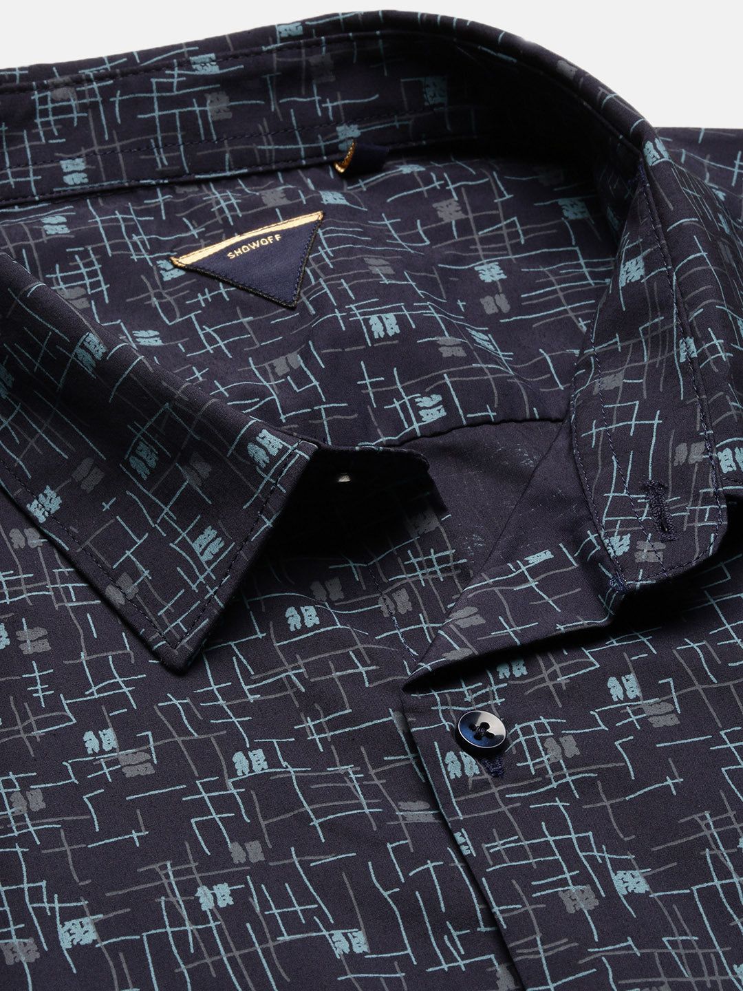 Men Spread Collar Abstract Slim Fit Navy Blue Shirt