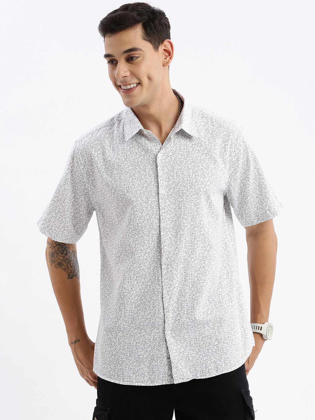 Men Spread Collar Floral Slim Fit White Shirt