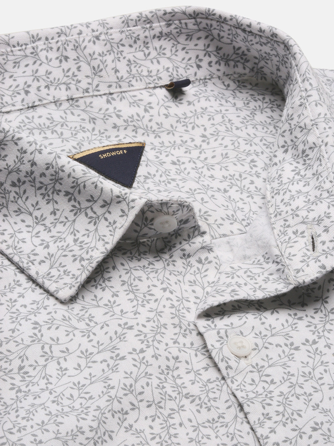 Men Spread Collar Floral Slim Fit White Shirt