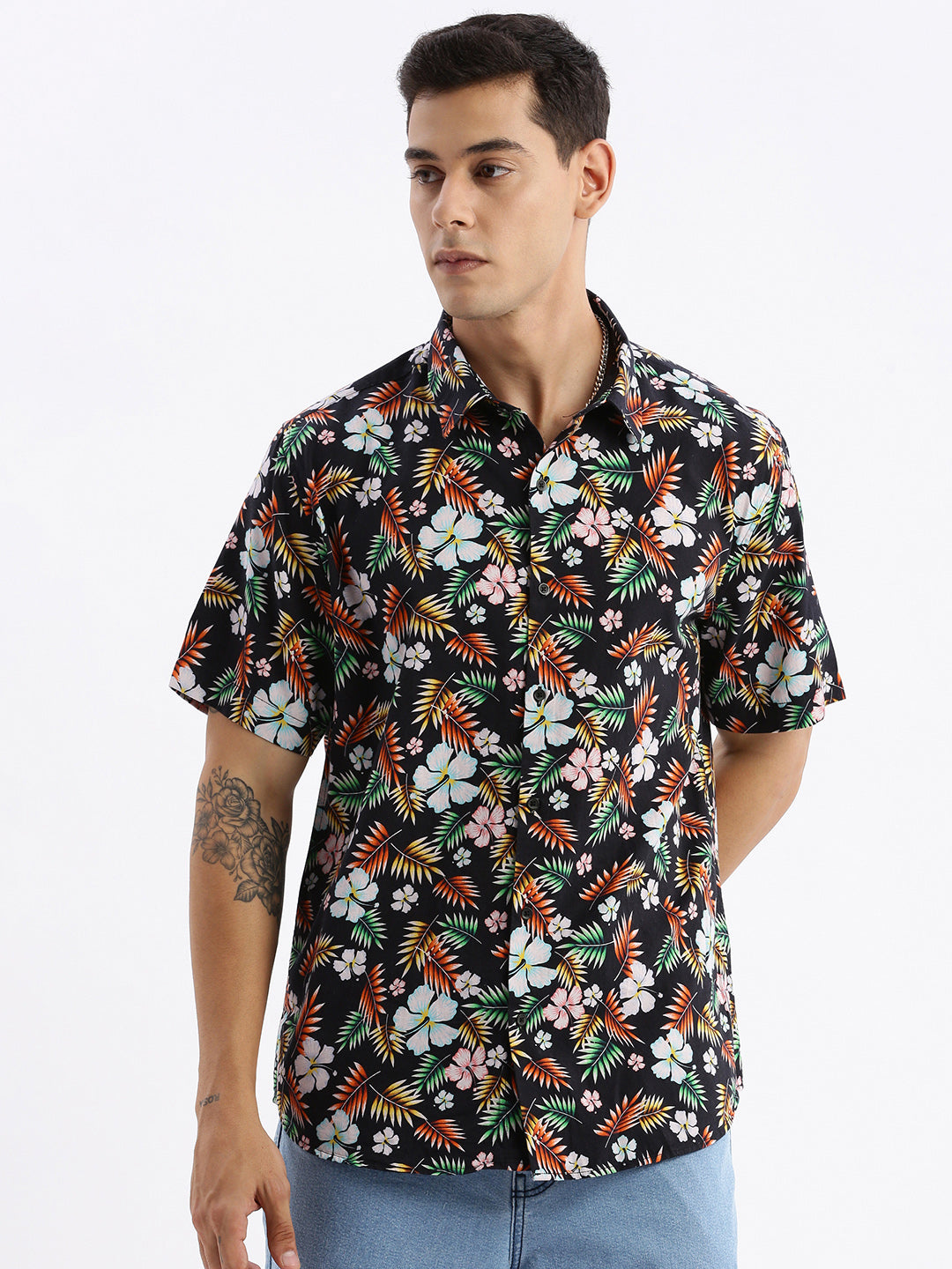 Men Spread Collar Floral Slim Fit Black Shirt