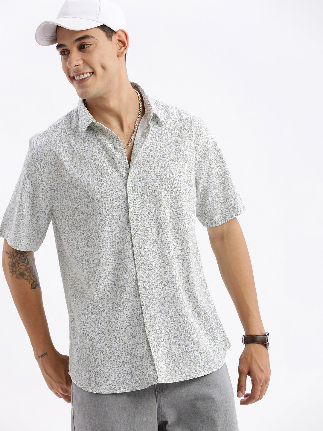 Men Spread Collar Floral Slim Fit White Shirt