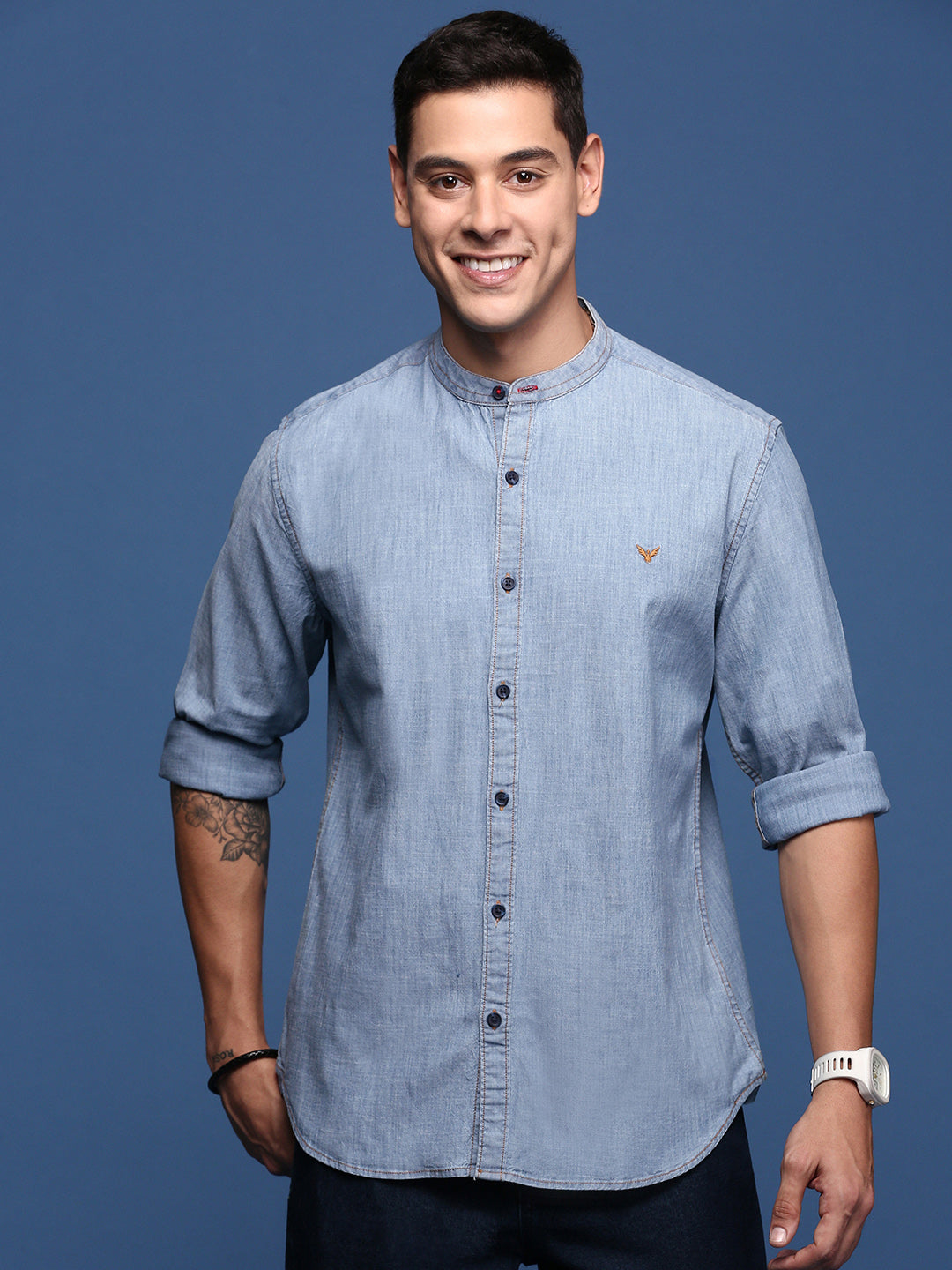 Men Mandarin Collar Solid Blue Slim Fit Shirt