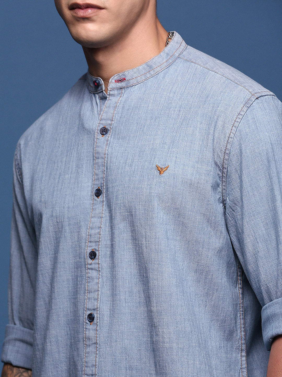 Men Mandarin Collar Solid Blue Slim Fit Shirt