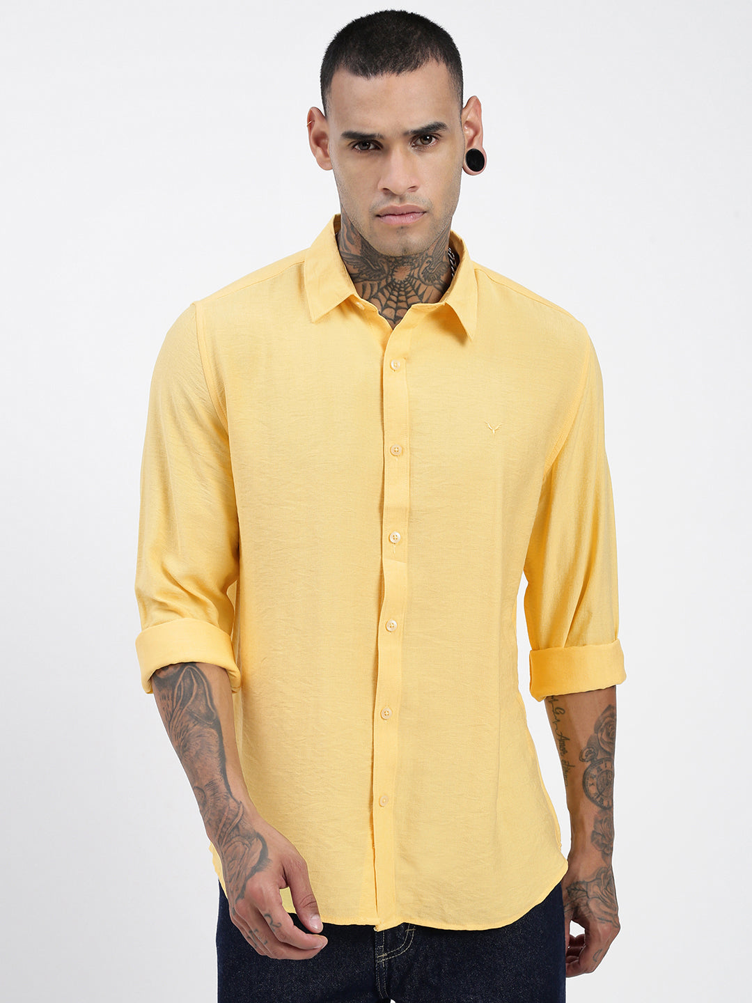 Men Solid Yellow Slim Fit Shirt