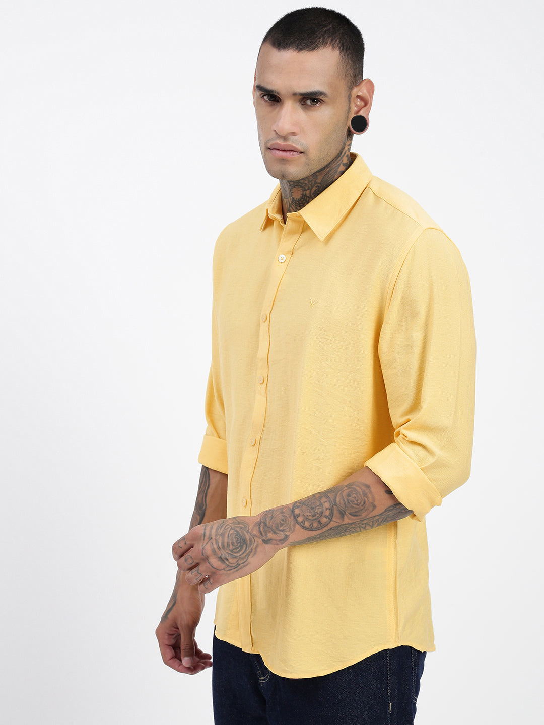 Men Solid Yellow Slim Fit Shirt