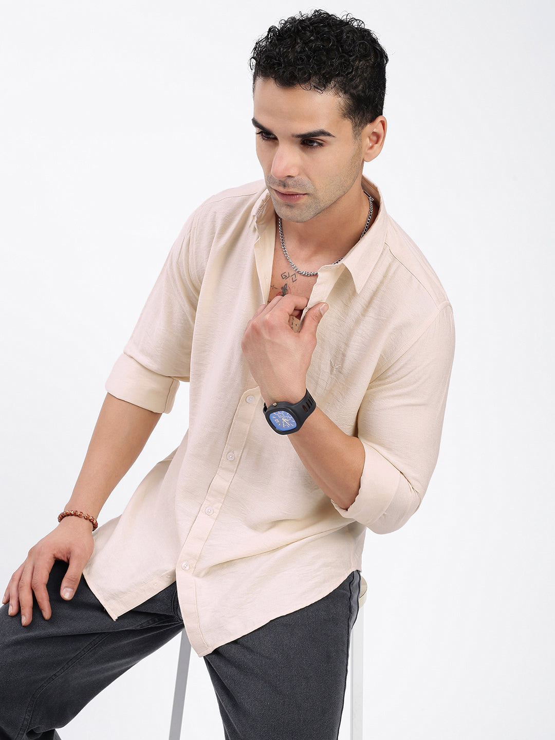 Men Solid Cream Slim Fit Shirt