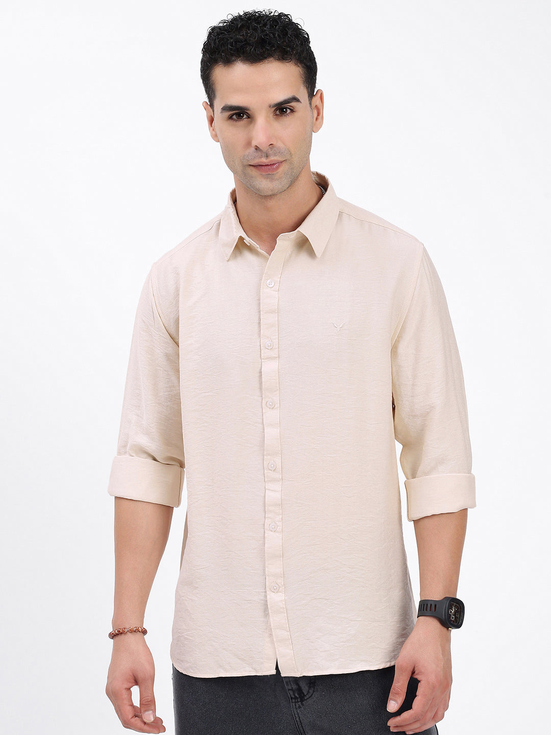 Men Solid Cream Slim Fit Shirt