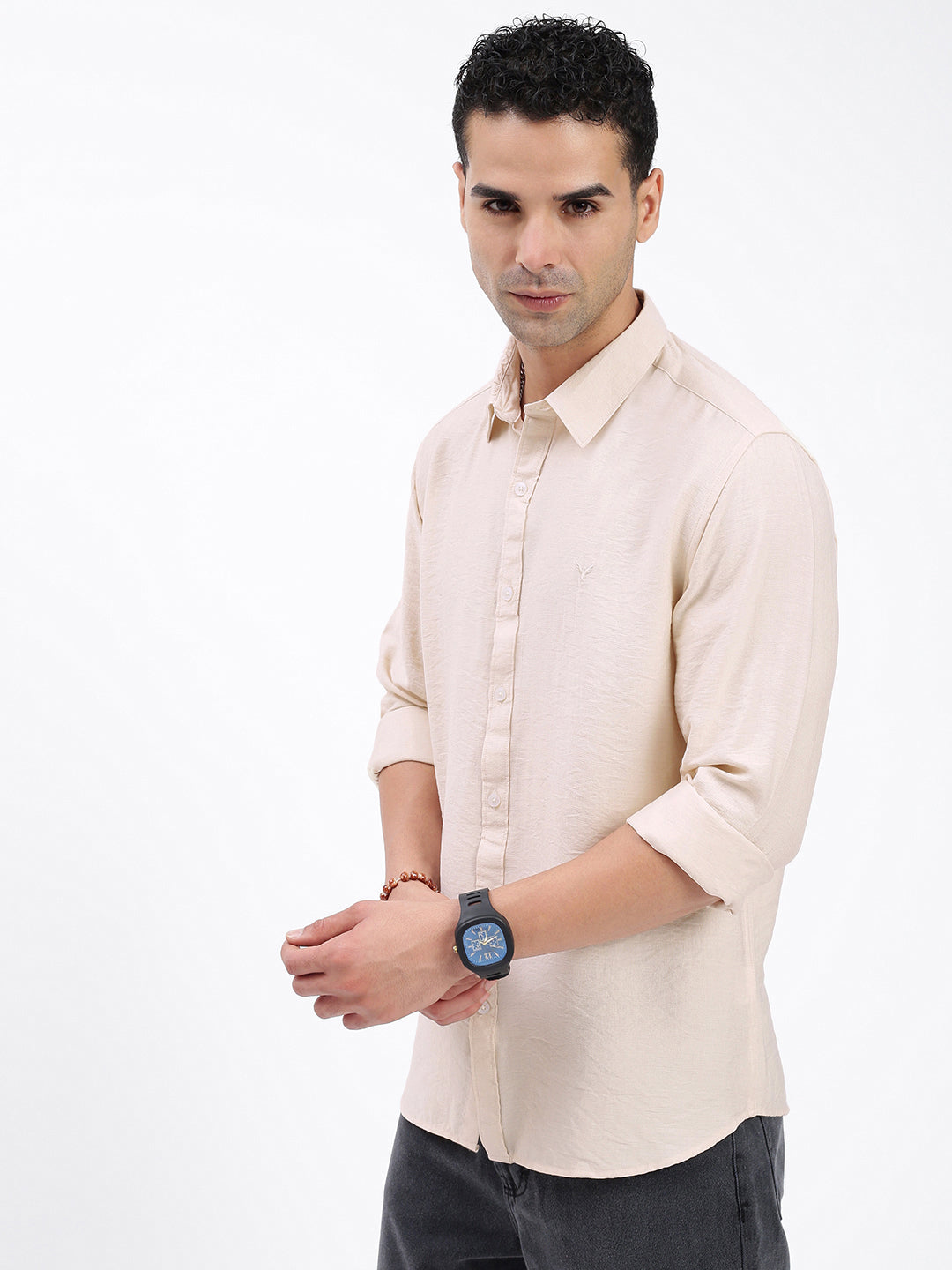 Men Solid Cream Slim Fit Shirt