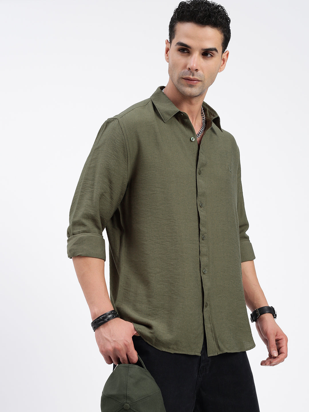 Men Solid Olive Slim Fit Shirt