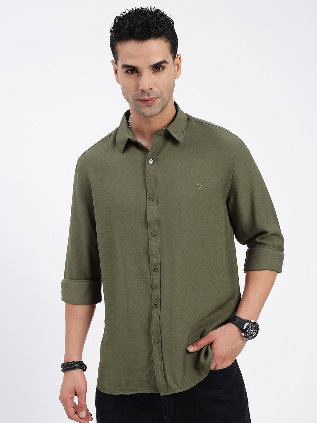 Men Solid Olive Slim Fit Shirt