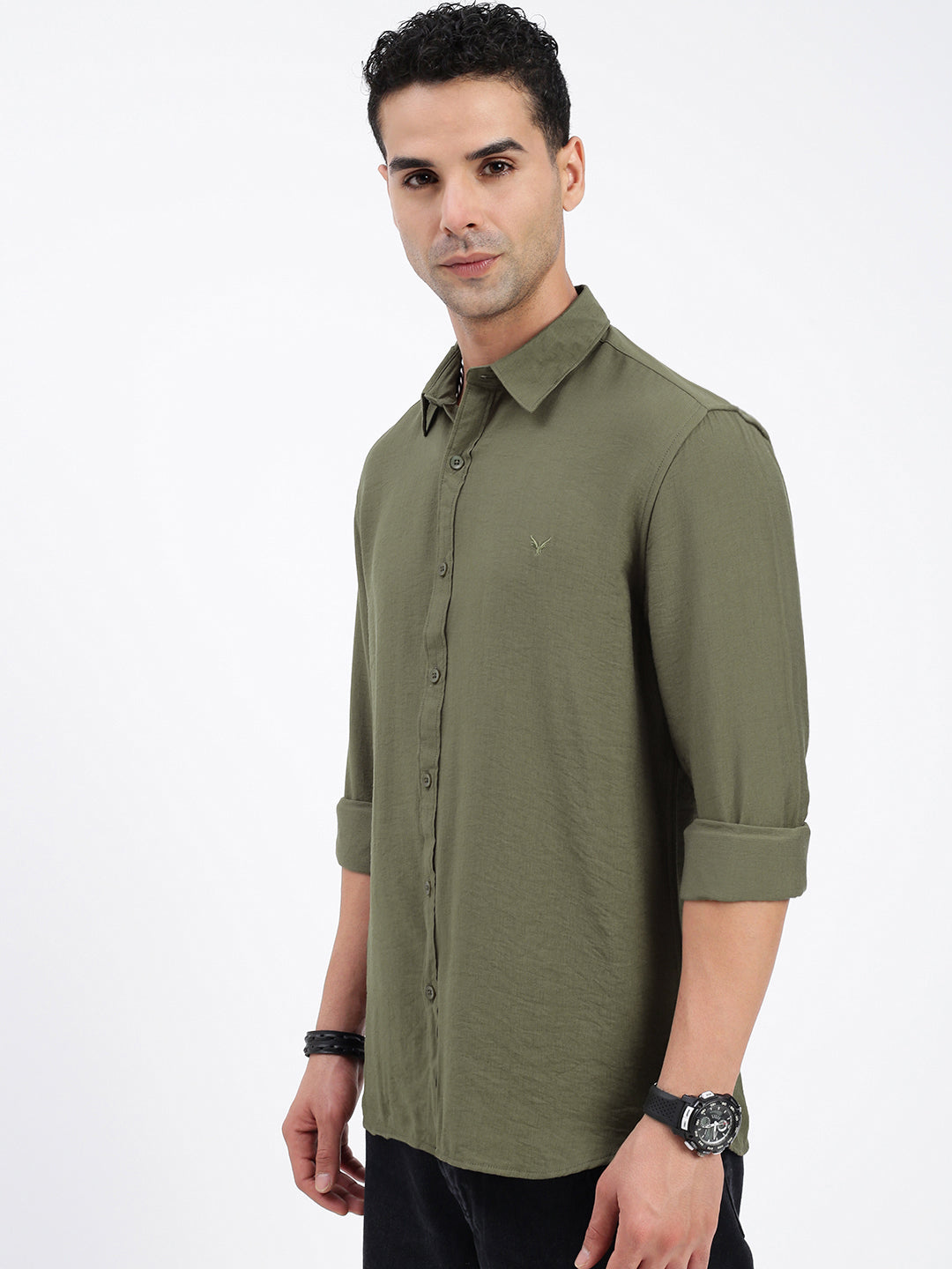 Men Solid Olive Slim Fit Shirt