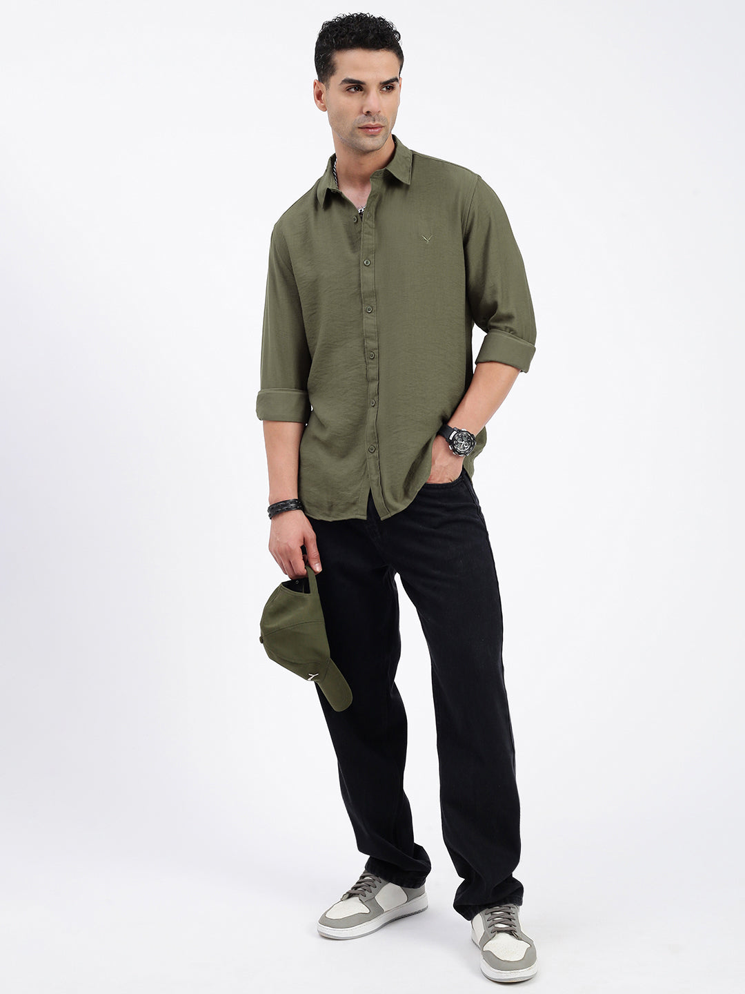 Men Solid Olive Slim Fit Shirt