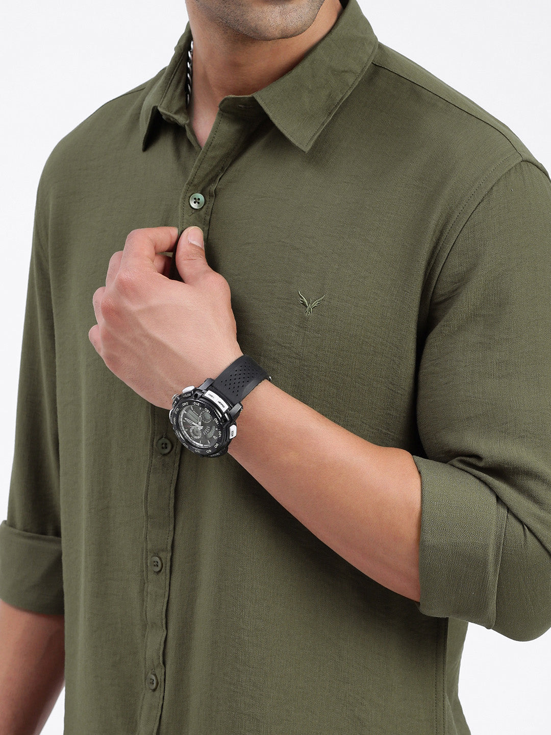 Men Solid Olive Slim Fit Shirt